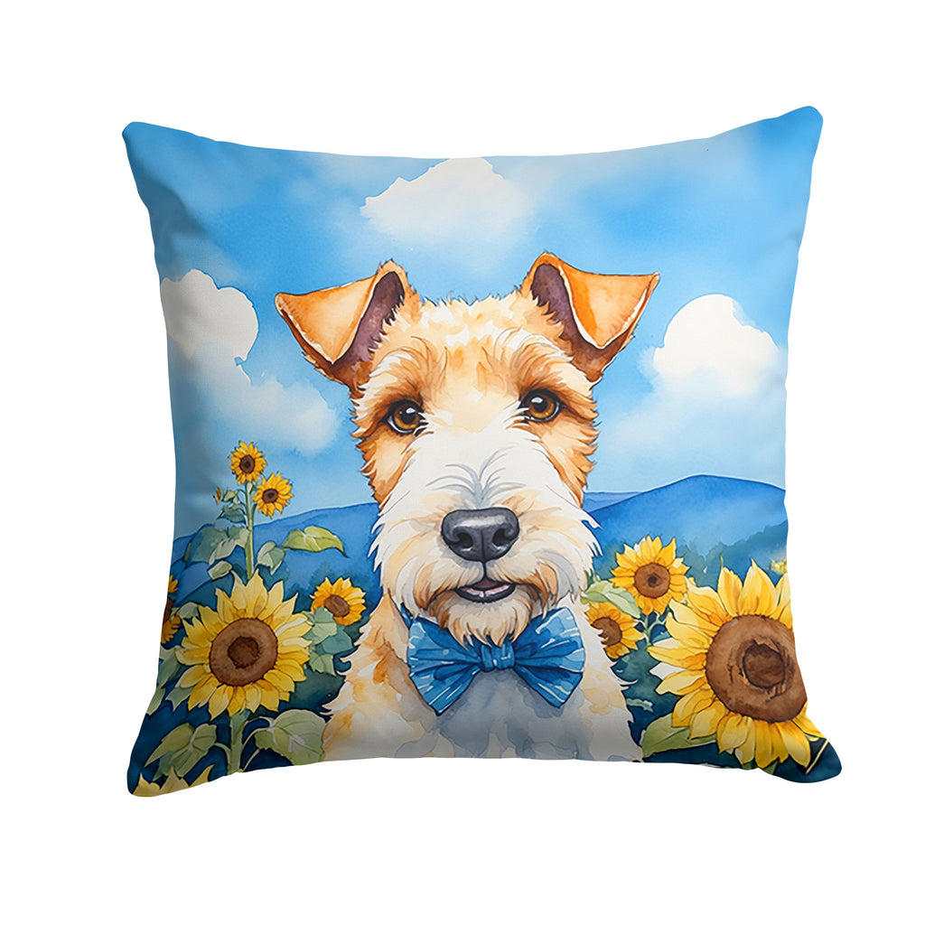 Fox Terrier in Sunflowers Decorative Throw Pillow 14x14 Indoor Outdoor Accent Cushion, Fabric Cover with Insert for Sofa, Bed, Porch & Living Room