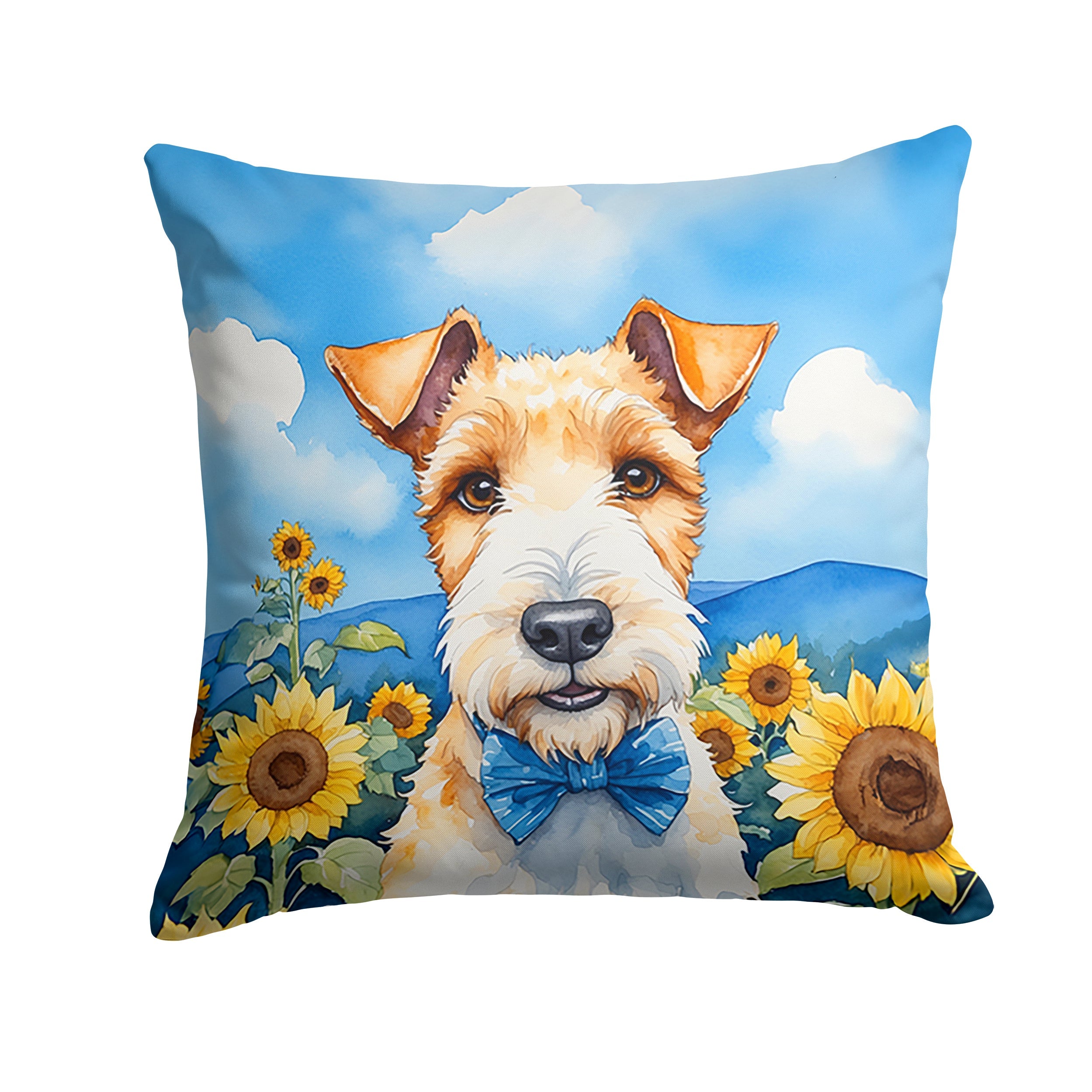 Fox Terrier in Sunflowers Decorative Throw Pillow 14x14 Indoor Outdoor Accent Cushion, Fabric Cover with Insert for Sofa, Bed, Porch & Living Room