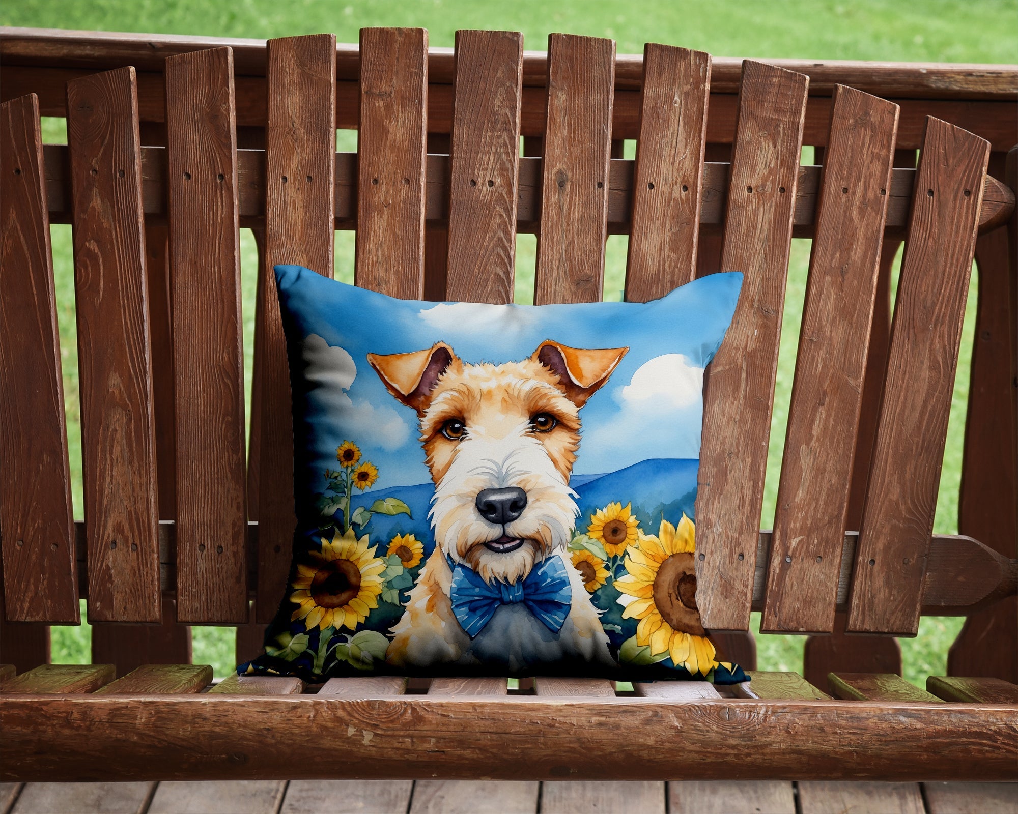 Fox Terrier in Sunflowers Decorative Throw Pillow 14x14 Indoor Outdoor Accent Cushion, Fabric Cover with Insert for Sofa, Bed, Porch & Living Room