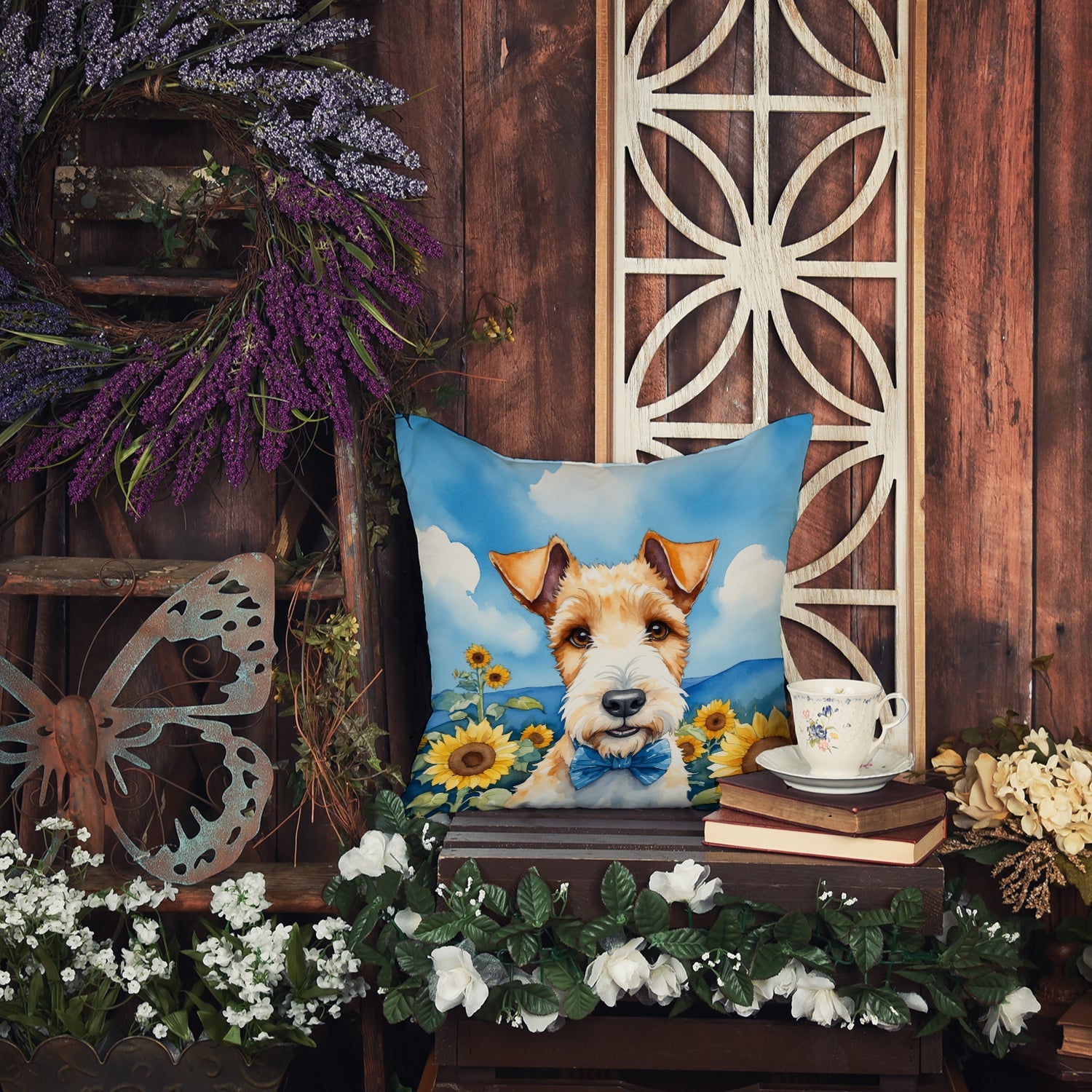 Fox Terrier in Sunflowers Decorative Throw Pillow 14x14 Indoor Outdoor Accent Cushion, Fabric Cover with Insert for Sofa, Bed, Porch & Living Room