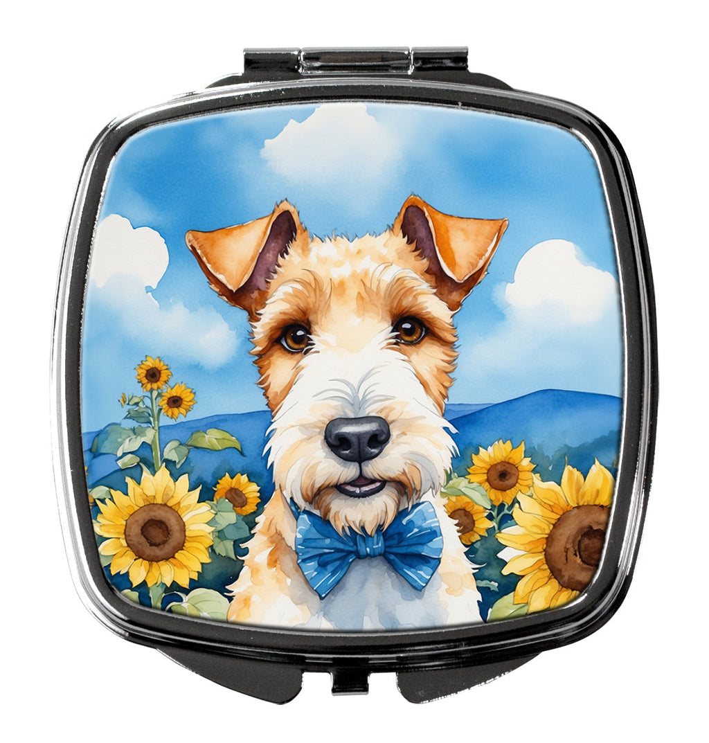 Fox Terrier in Sunflowers Compact Mirror Decorative Travel Makeup Mirror for Women Girls Gifts Pocket Makeup Mirror Folding Handheld