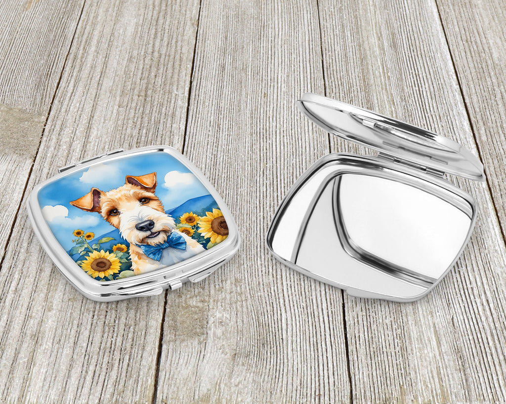 Fox Terrier in Sunflowers Compact Mirror Decorative Travel Makeup Mirror for Women Girls Gifts Pocket Makeup Mirror Folding Handheld