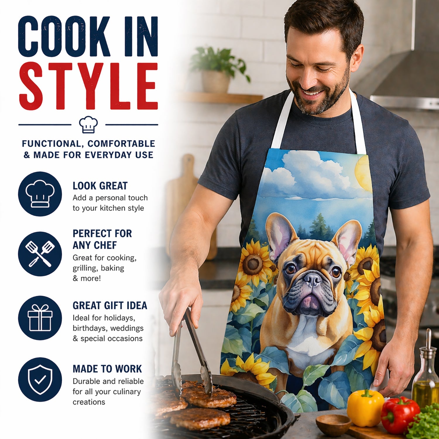 French Bulldog in Sunflowers Apron Cooking Kitchen Server Baking Crafts Gardening for Adult Women Men, Unisex, Large, Multicolor