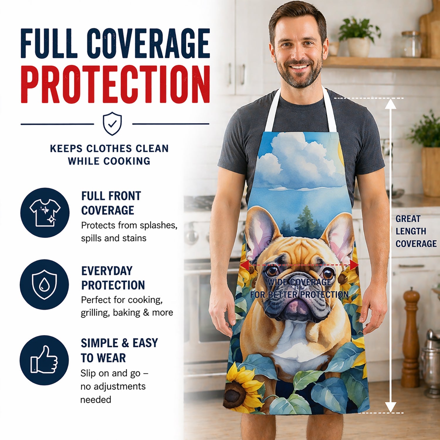 French Bulldog in Sunflowers Apron Cooking Kitchen Server Baking Crafts Gardening for Adult Women Men, Unisex, Large, Multicolor