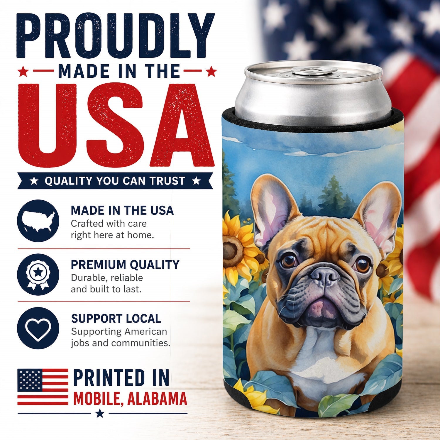 French Bulldog in Sunflowers Can or Bottle Hugger Cooler Sleeve for Standard 12 oz Cans, Insulated Foam Beer & Soda Can Hugger Reusable
