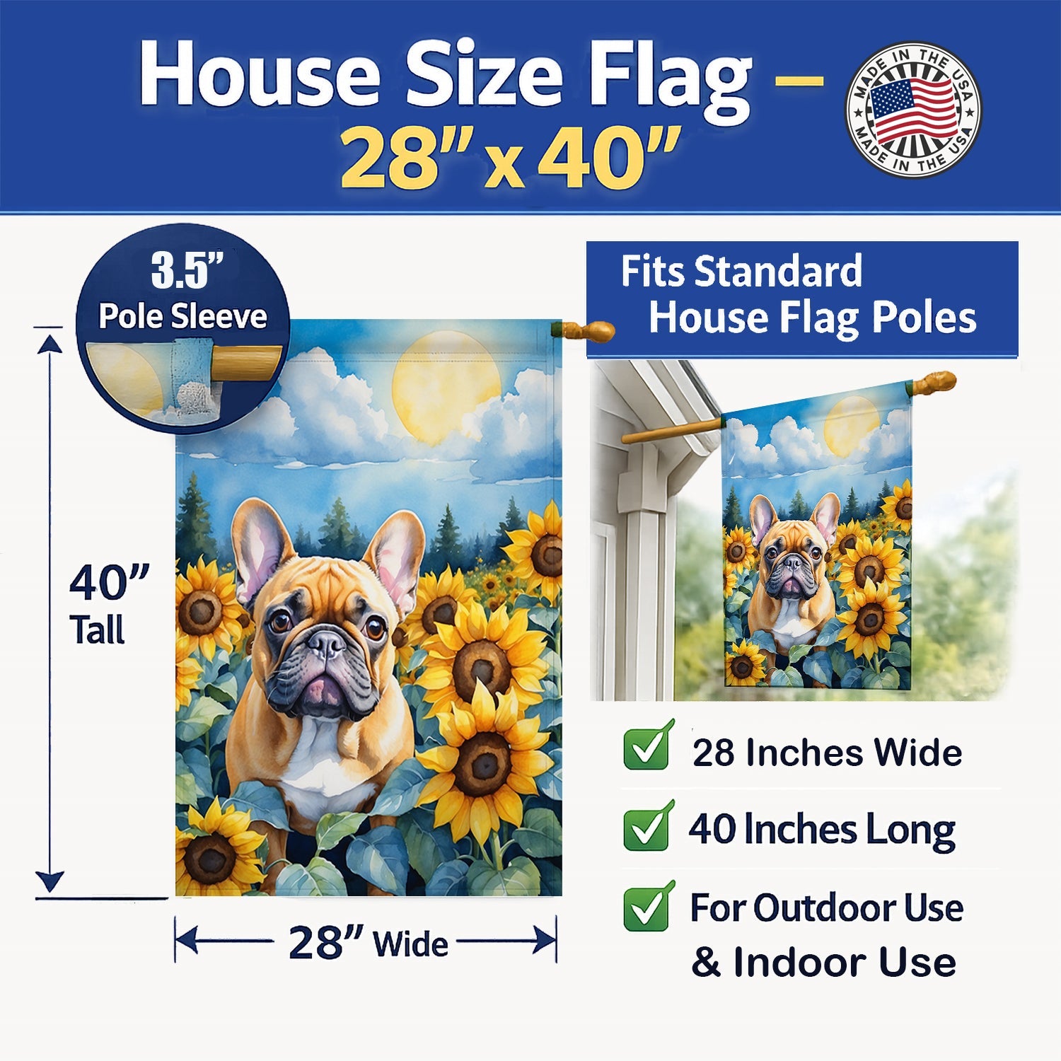 French Bulldog in Sunflowers House Flag 28x40 Porch Sleeve Pole Decorative Outside Yard Banner Artwork Wall Hanging, Polyester