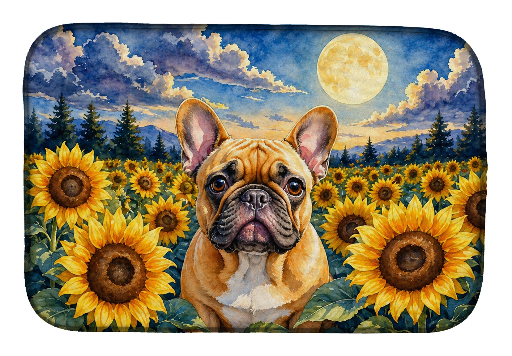French Bulldog in Sunflowers Dish Drying Mat Absorbent Dish Drying Mat Pad for Kitchen Counter Dish Drainer Mat for Countertop, 14 x 21", Multicolor