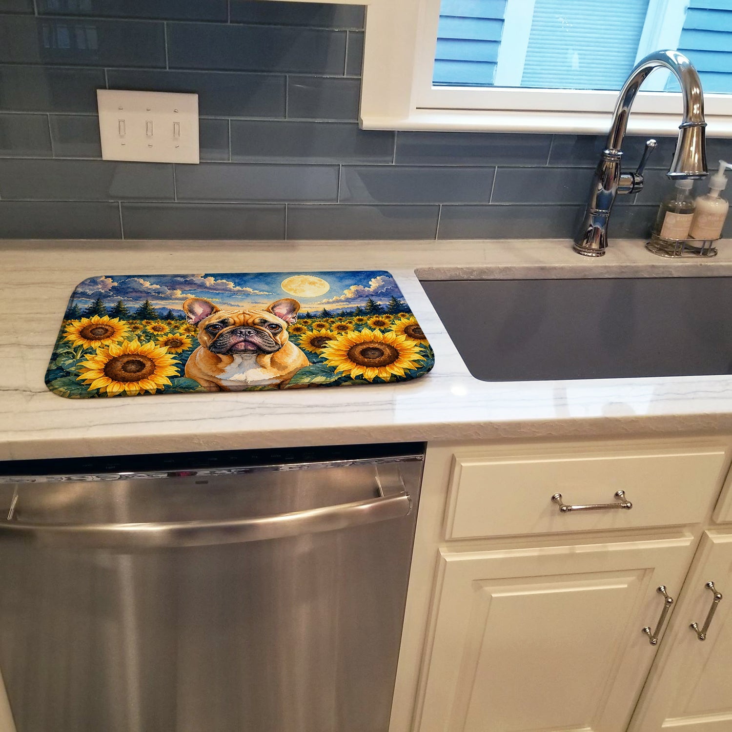 French Bulldog in Sunflowers Dish Drying Mat Absorbent Dish Drying Mat Pad for Kitchen Counter Dish Drainer Mat for Countertop, 14 x 21", Multicolor