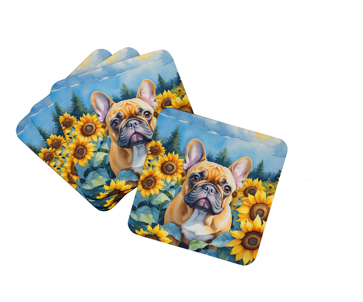 French Bulldog in Sunflowers Foam Coasters Set of 4 Cup Coasters for Indoor Outdoor, Tabletop Protection, Anti Slip, Mouse pad Material