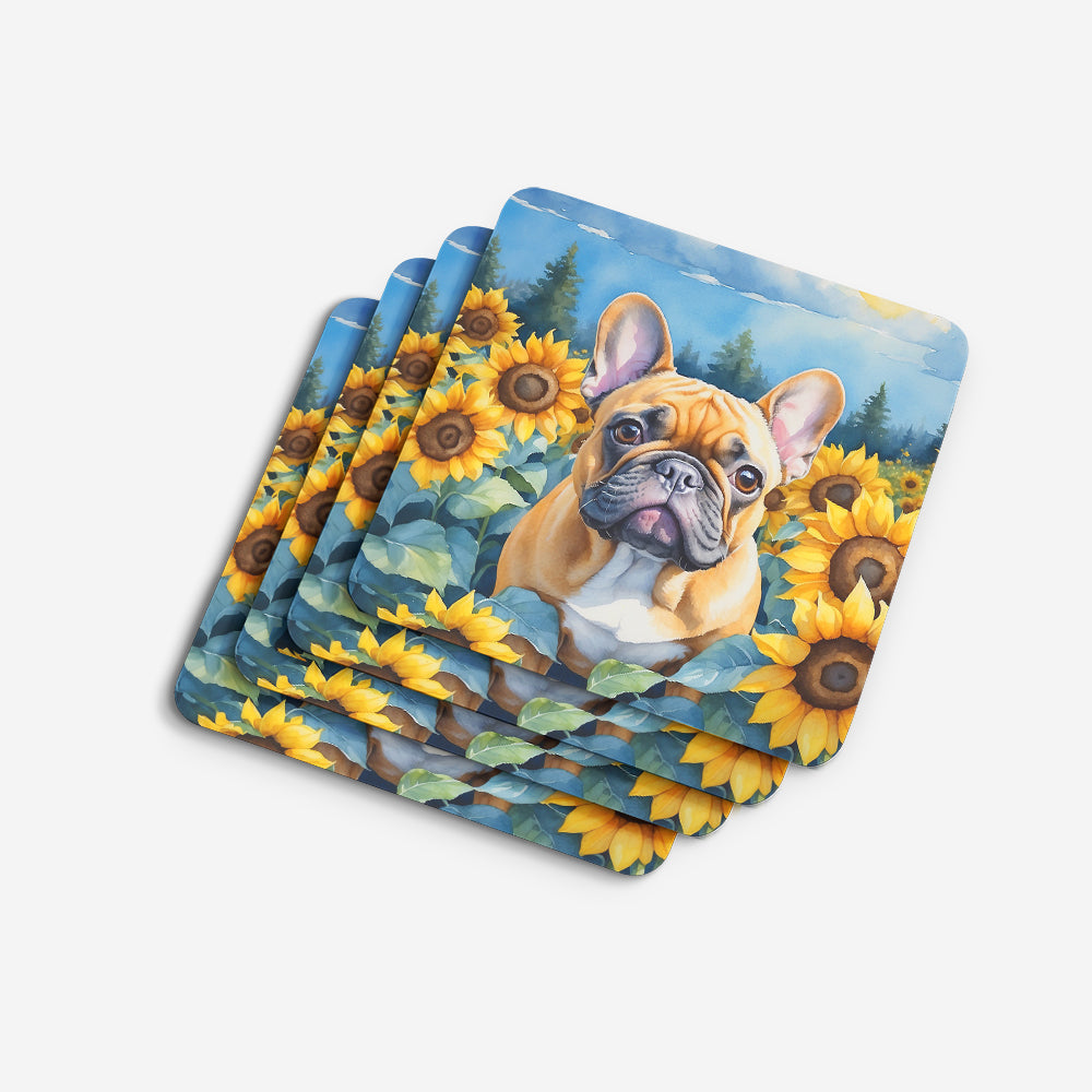French Bulldog in Sunflowers Foam Coasters Set of 4 Cup Coasters for Indoor Outdoor, Tabletop Protection, Anti Slip, Mouse pad Material