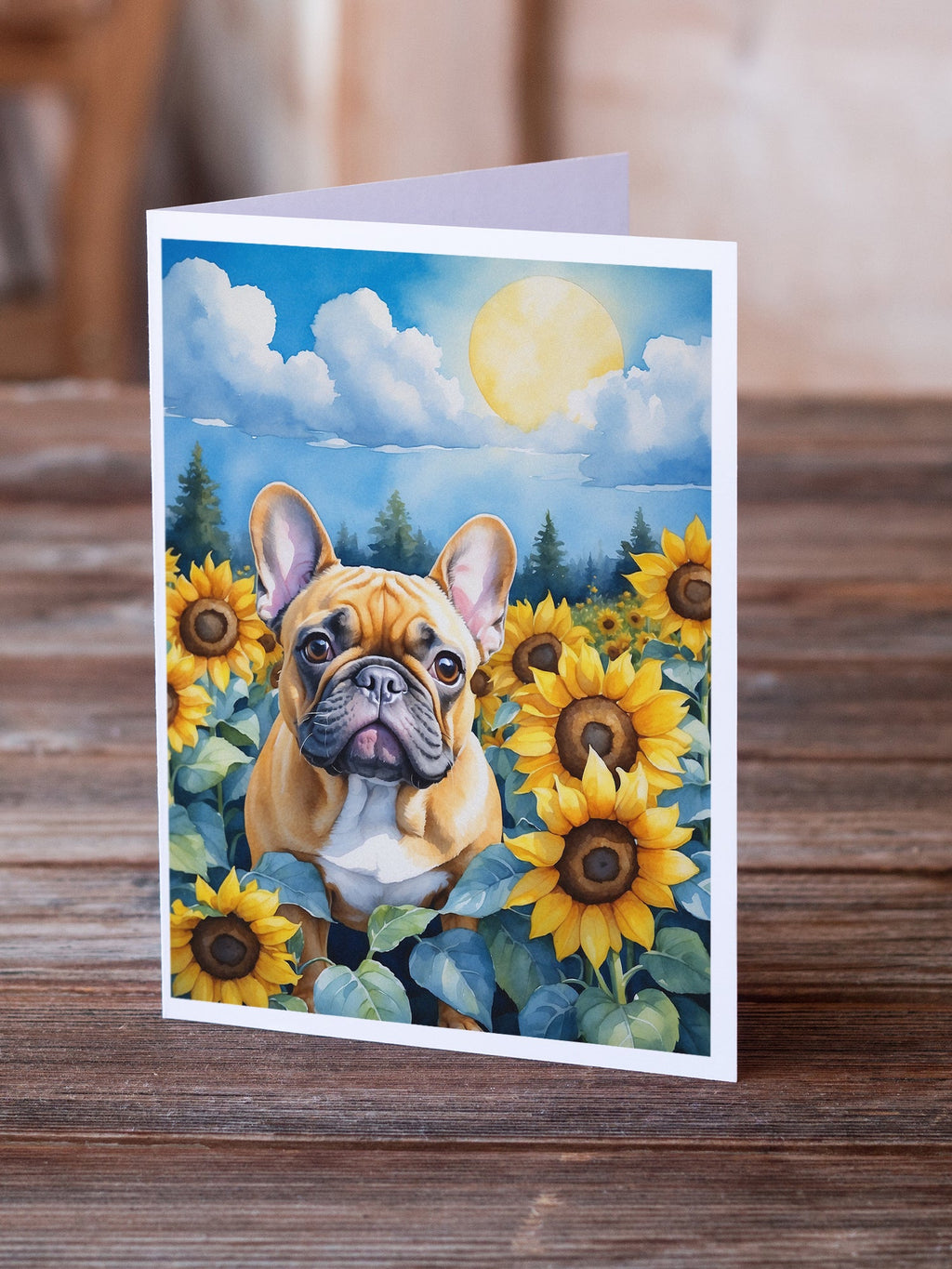 French Bulldog in Sunflowers Greeting Cards Pack of 8 Blank Cards with Envelopes Whimsical A7 Size 5x7