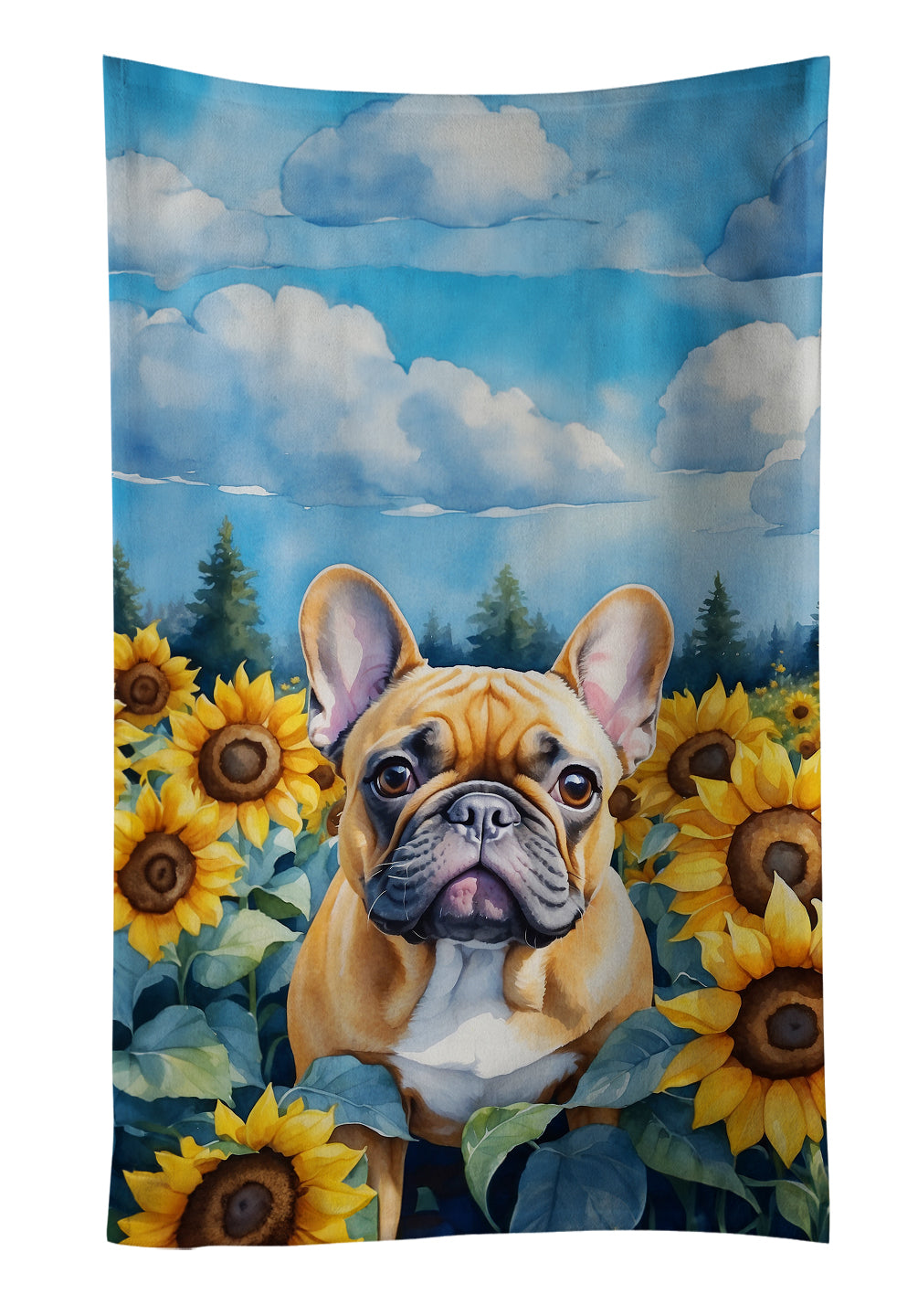 French Bulldog in Sunflowers Kitchen Towel Velour Plush Front and Cotton Loop Back Machine Washable