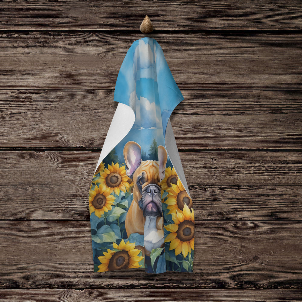 French Bulldog in Sunflowers Kitchen Towel Velour Plush Front and Cotton Loop Back Machine Washable