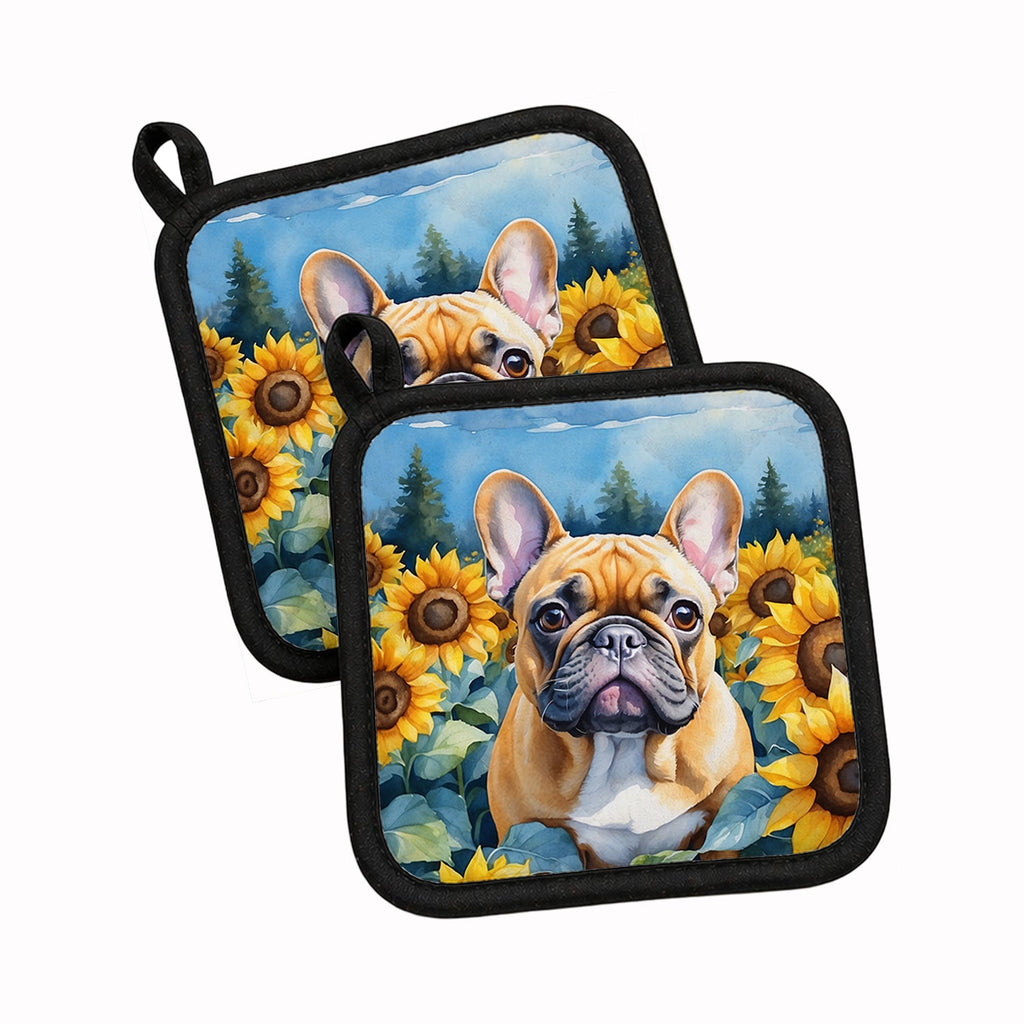 French Bulldog in Sunflowers Pot Holder Set of 2 Heat Resistant Quilted Hot Pads 7.5 x 7.5 Inch, Insulated Kitchen Trivets for Cooking & Baking