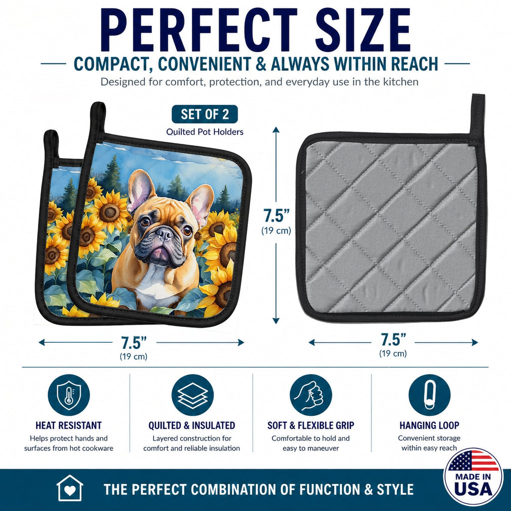 French Bulldog in Sunflowers Pot Holder Set of 2 Heat Resistant Quilted Hot Pads 7.5 x 7.5 Inch, Insulated Kitchen Trivets for Cooking & Baking