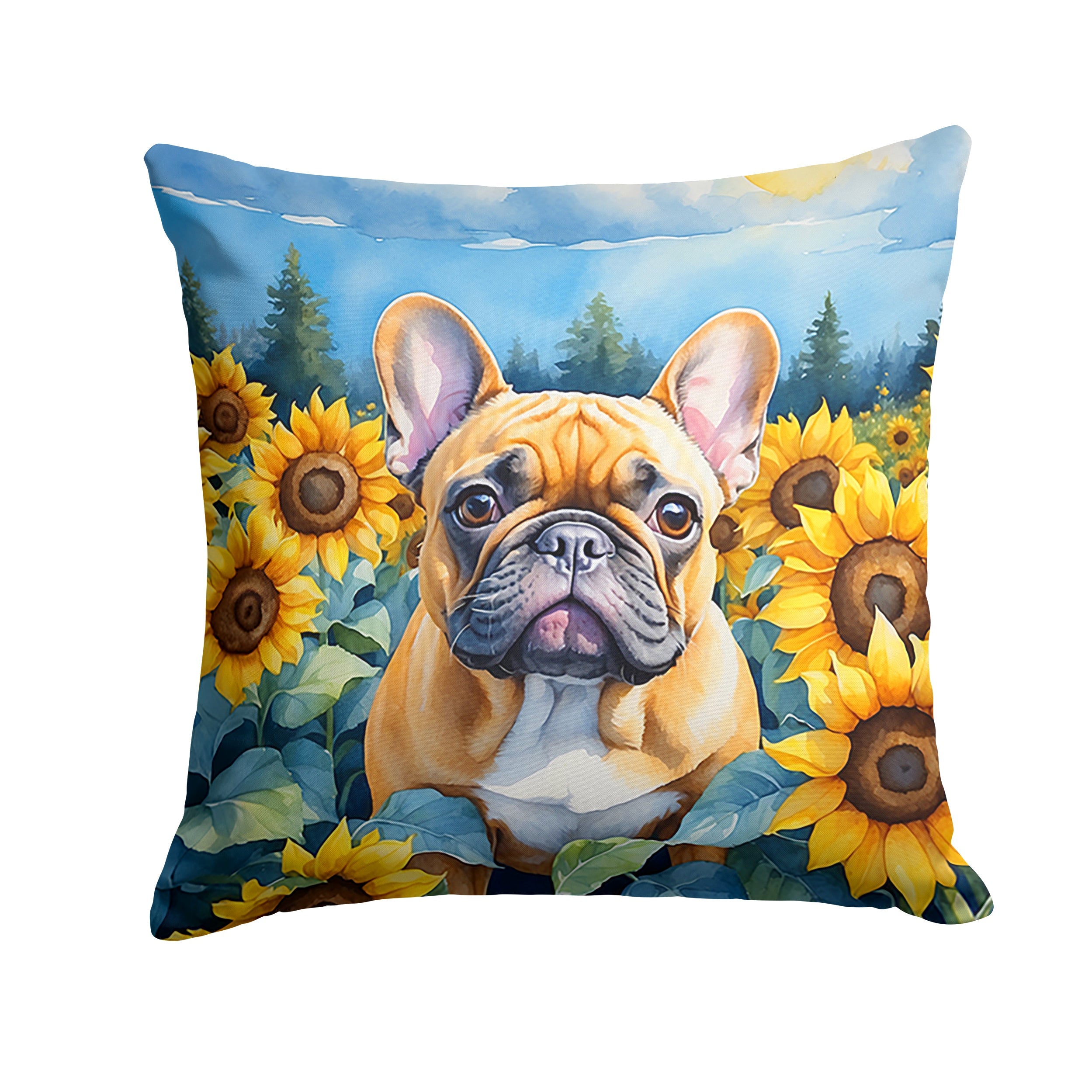 French Bulldog in Sunflowers Decorative Throw Pillow 14x14 Indoor Outdoor Accent Cushion, Fabric Cover with Insert for Sofa, Bed, Porch & Living Room