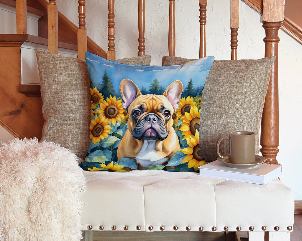 French Bulldog in Sunflowers Decorative Throw Pillow 14x14 Indoor Outdoor Accent Cushion, Fabric Cover with Insert for Sofa, Bed, Porch & Living Room