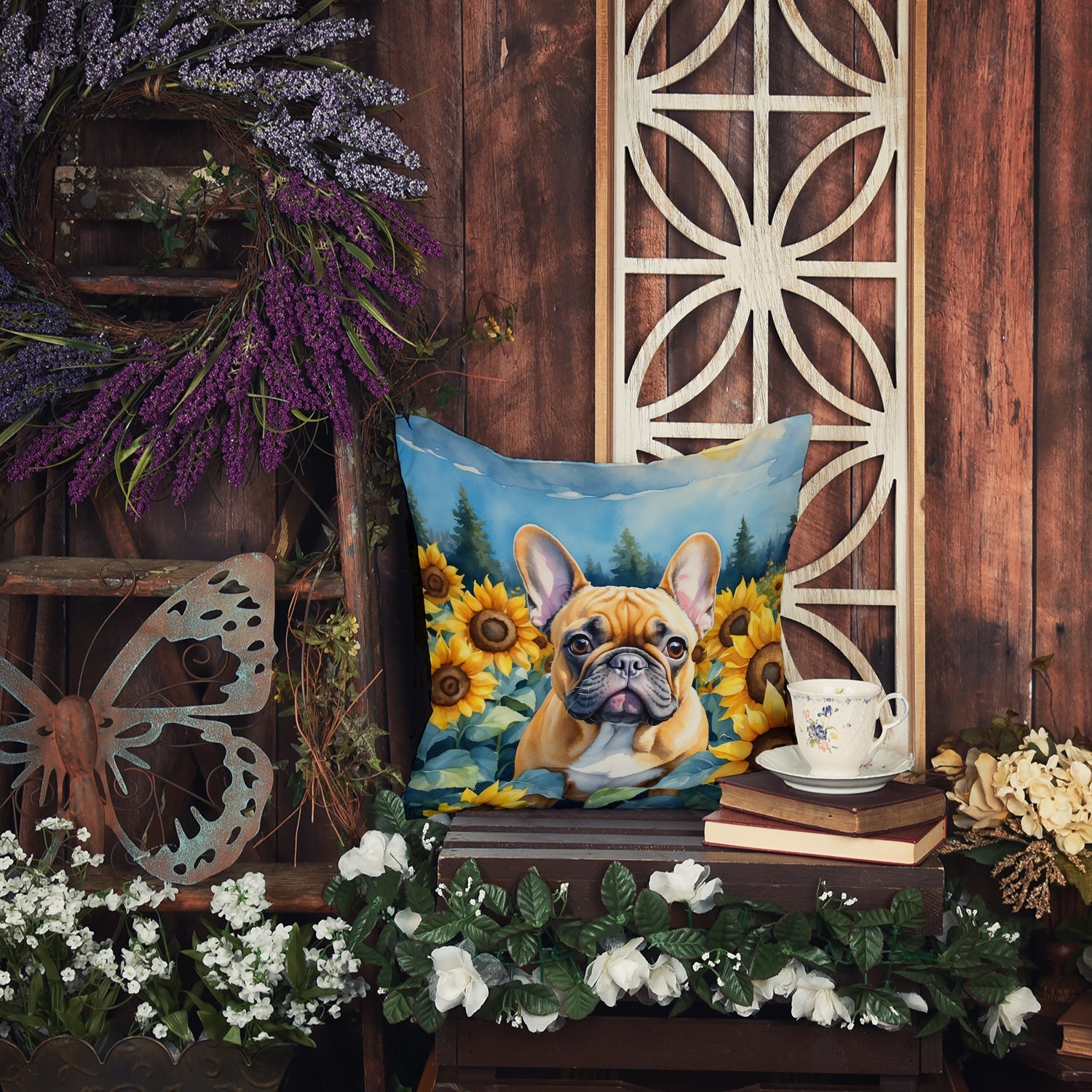French Bulldog in Sunflowers Decorative Throw Pillow 14x14 Indoor Outdoor Accent Cushion, Fabric Cover with Insert for Sofa, Bed, Porch & Living Room