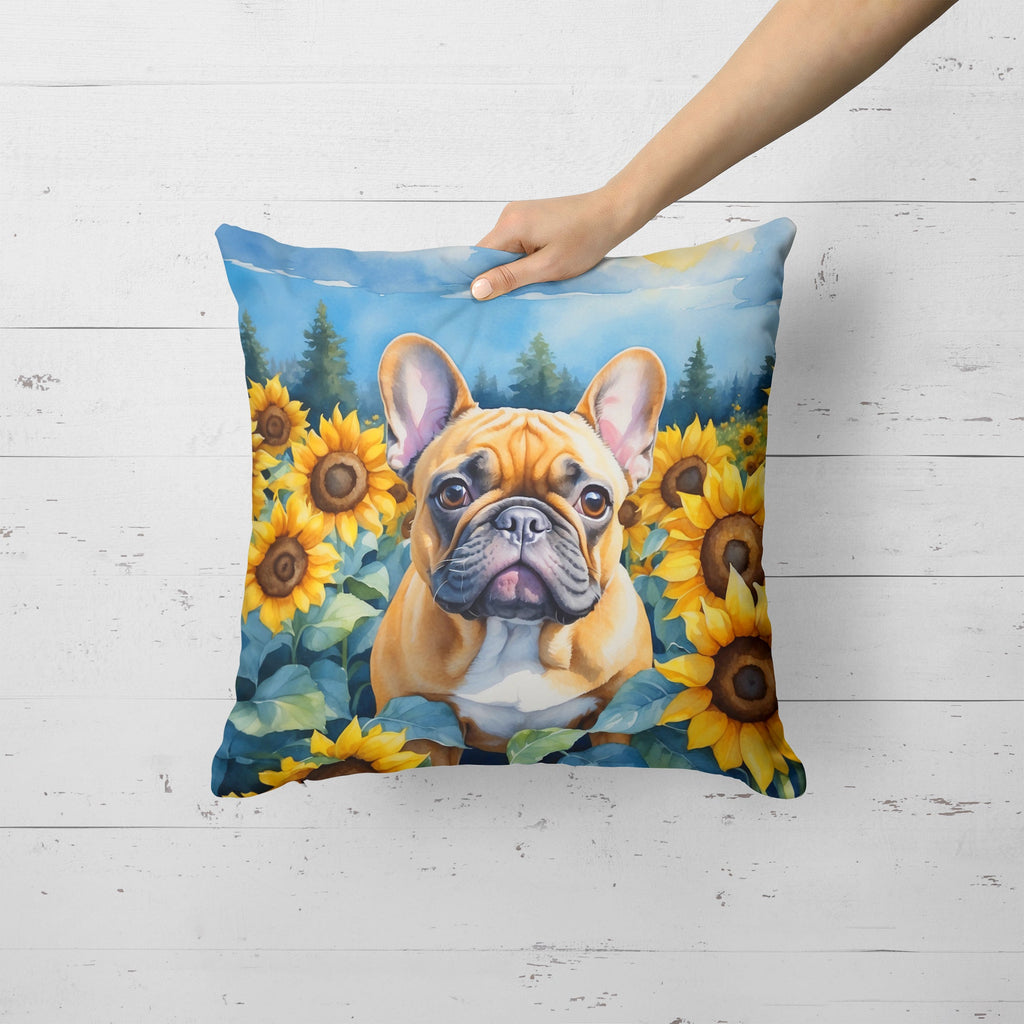French Bulldog in Sunflowers Decorative Throw Pillow 18x18 Indoor Outdoor Accent Cushion, Fabric Cover with Insert for Sofa, Bed, Porch & Living Room