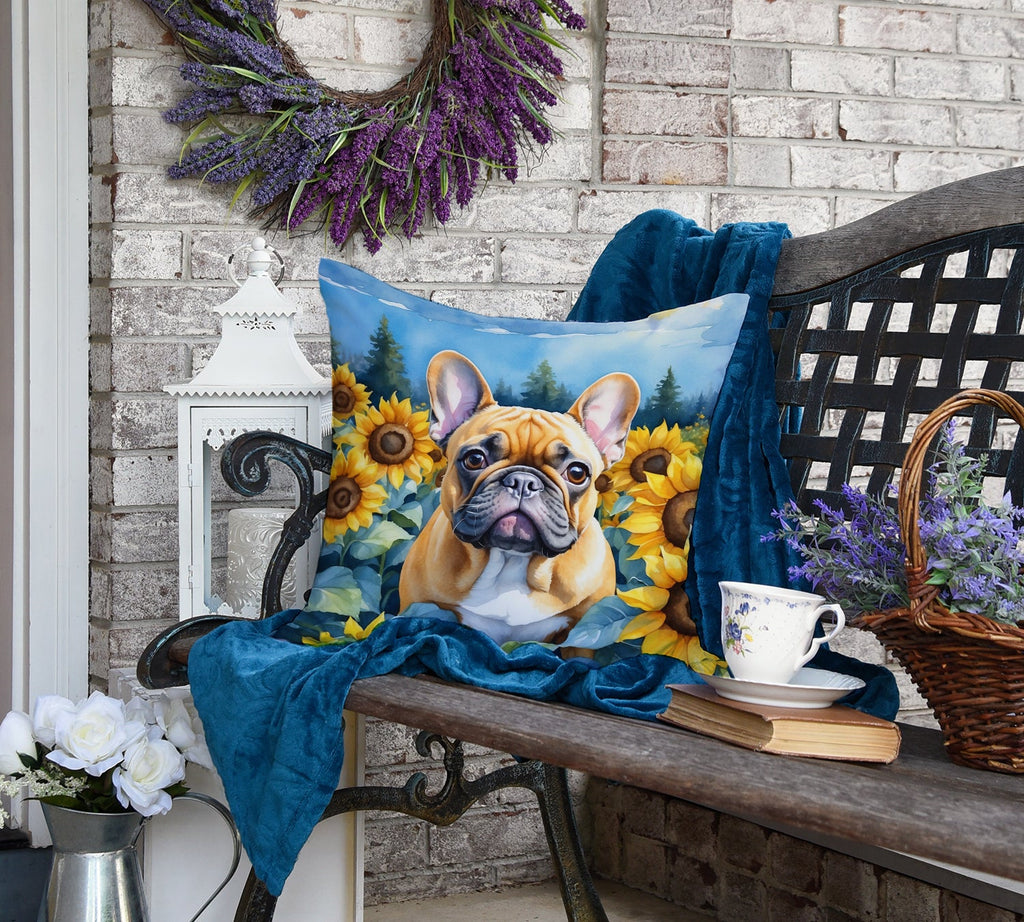 French Bulldog in Sunflowers Decorative Throw Pillow 18x18 Indoor Outdoor Accent Cushion, Fabric Cover with Insert for Sofa, Bed, Porch & Living Room