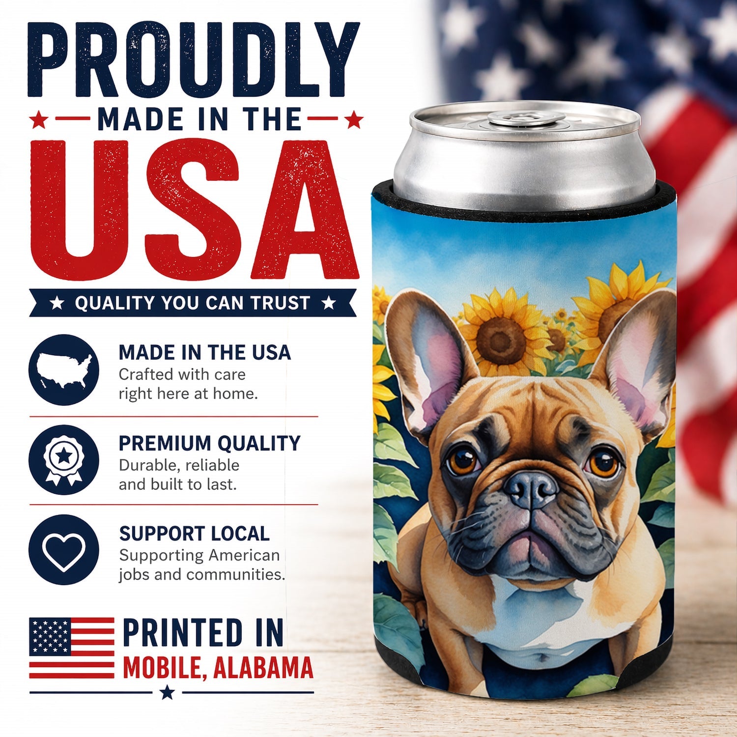 French Bulldog in Sunflowers Can or Bottle Hugger Cooler Sleeve for Standard 12 oz Cans, Insulated Foam Beer & Soda Can Hugger Reusable