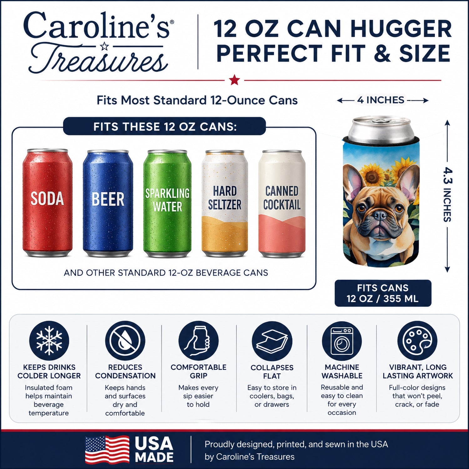 French Bulldog in Sunflowers Can or Bottle Hugger Cooler Sleeve for Standard 12 oz Cans, Insulated Foam Beer & Soda Can Hugger Reusable