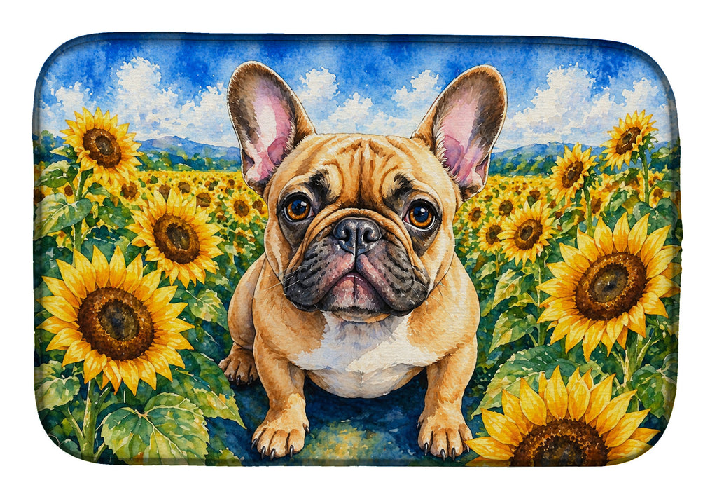 French Bulldog in Sunflowers Dish Drying Mat Absorbent Dish Drying Mat Pad for Kitchen Counter Dish Drainer Mat for Countertop, 14 x 21", Multicolor