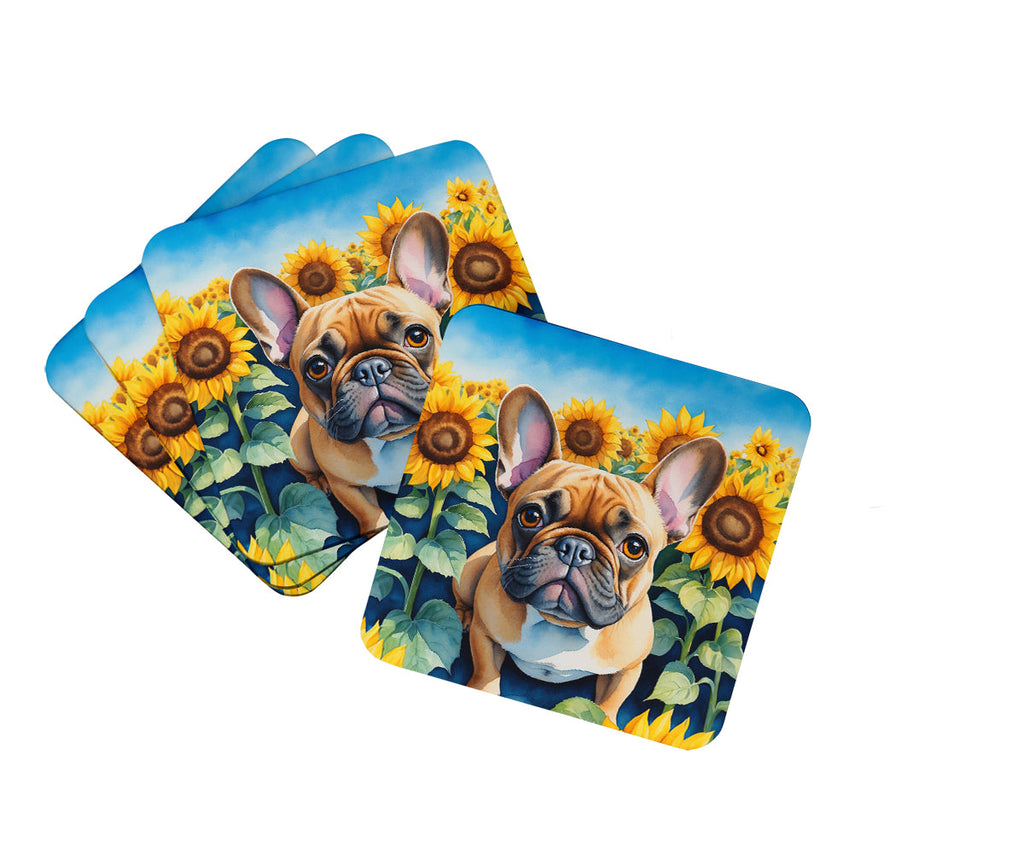 French Bulldog in Sunflowers Foam Coasters Set of 4 Cup Coasters for Indoor Outdoor, Tabletop Protection, Anti Slip, Mouse pad Material