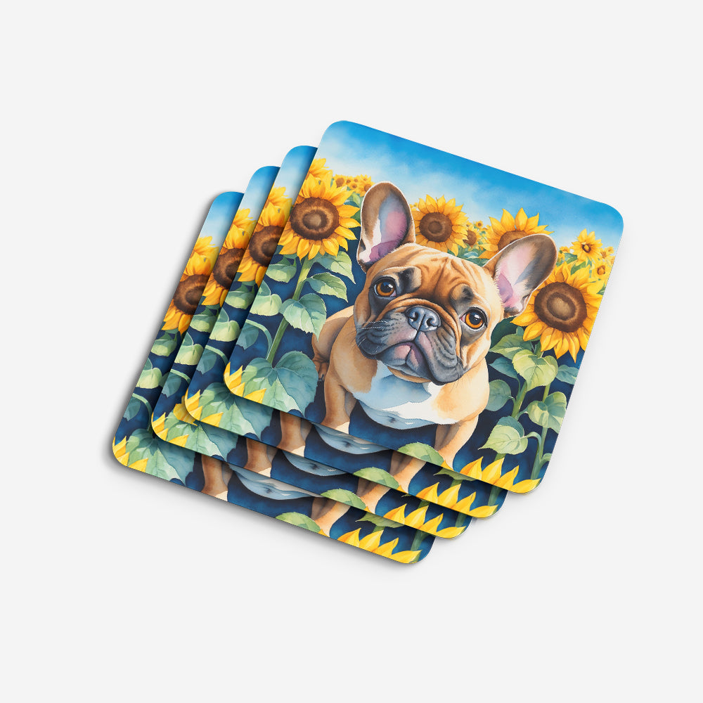 French Bulldog in Sunflowers Foam Coasters Set of 4 Cup Coasters for Indoor Outdoor, Tabletop Protection, Anti Slip, Mouse pad Material