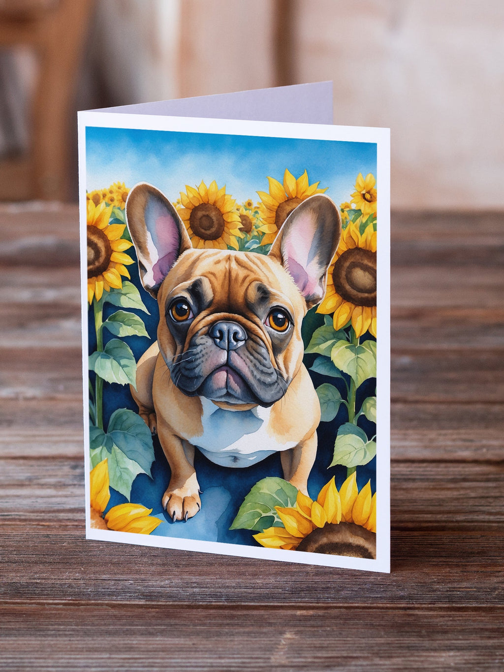 French Bulldog in Sunflowers Greeting Cards Pack of 8 Blank Cards with Envelopes Whimsical A7 Size 5x7