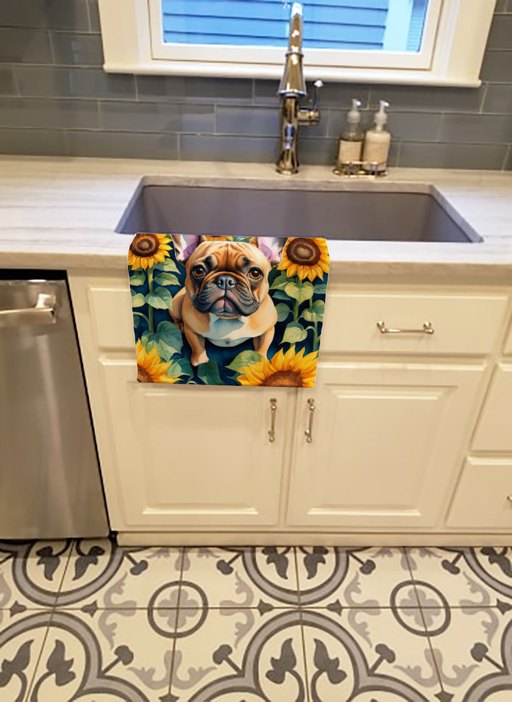 French Bulldog in Sunflowers Kitchen Towel Velour Plush Front and Cotton Loop Back Machine Washable