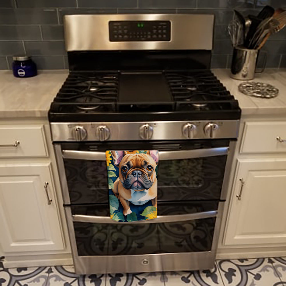 French Bulldog in Sunflowers Kitchen Towel Velour Plush Front and Cotton Loop Back Machine Washable