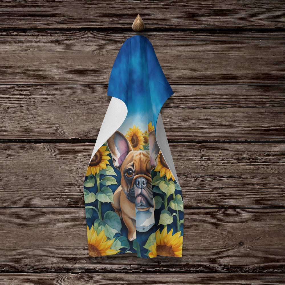 French Bulldog in Sunflowers Kitchen Towel Velour Plush Front and Cotton Loop Back Machine Washable