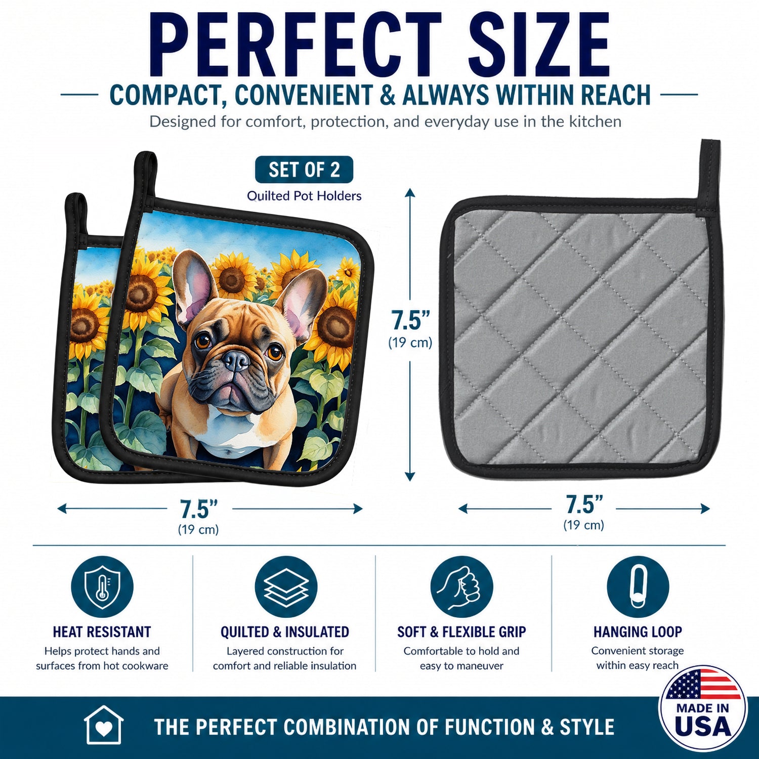 French Bulldog in Sunflowers Pot Holder Set of 2 Heat Resistant Quilted Hot Pads 7.5 x 7.5 Inch, Insulated Kitchen Trivets for Cooking & Baking