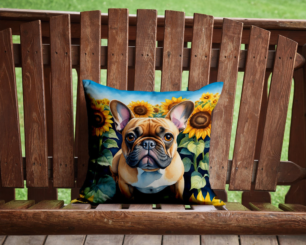 French Bulldog in Sunflowers Decorative Throw Pillow 14x14 Indoor Outdoor Accent Cushion, Fabric Cover with Insert for Sofa, Bed, Porch & Living Room