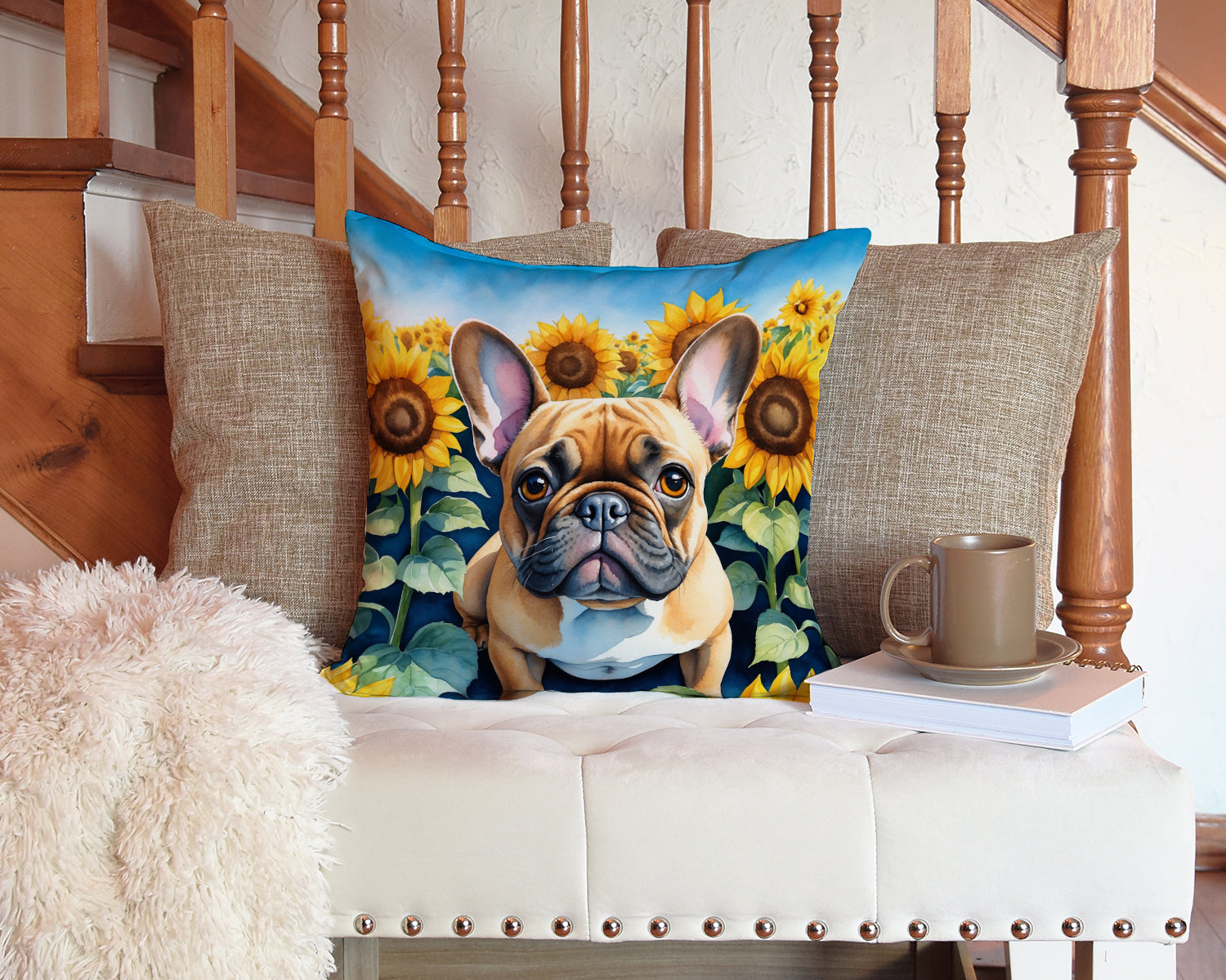 French Bulldog in Sunflowers Decorative Throw Pillow 14x14 Indoor Outdoor Accent Cushion, Fabric Cover with Insert for Sofa, Bed, Porch & Living Room