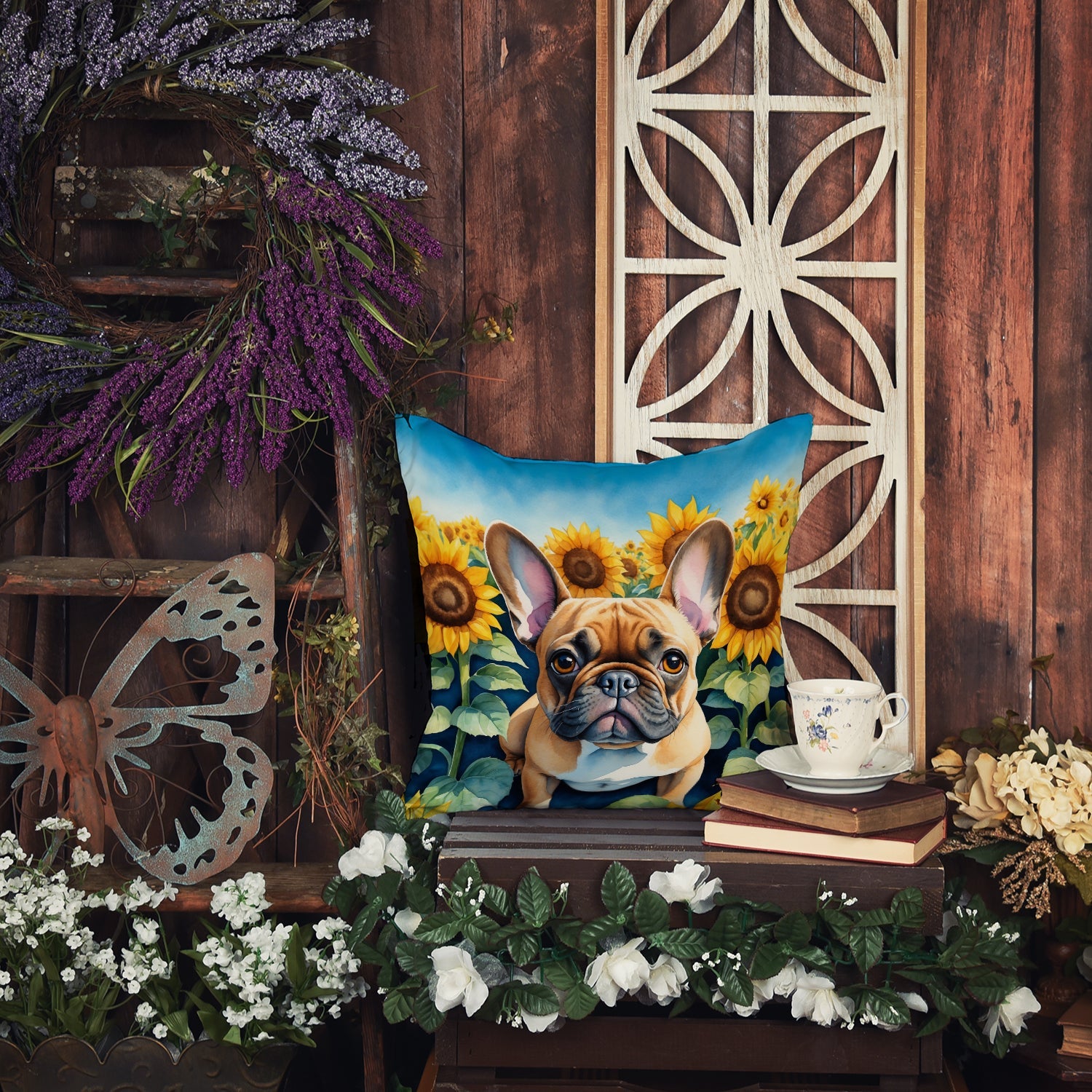 French Bulldog in Sunflowers Decorative Throw Pillow 14x14 Indoor Outdoor Accent Cushion, Fabric Cover with Insert for Sofa, Bed, Porch & Living Room