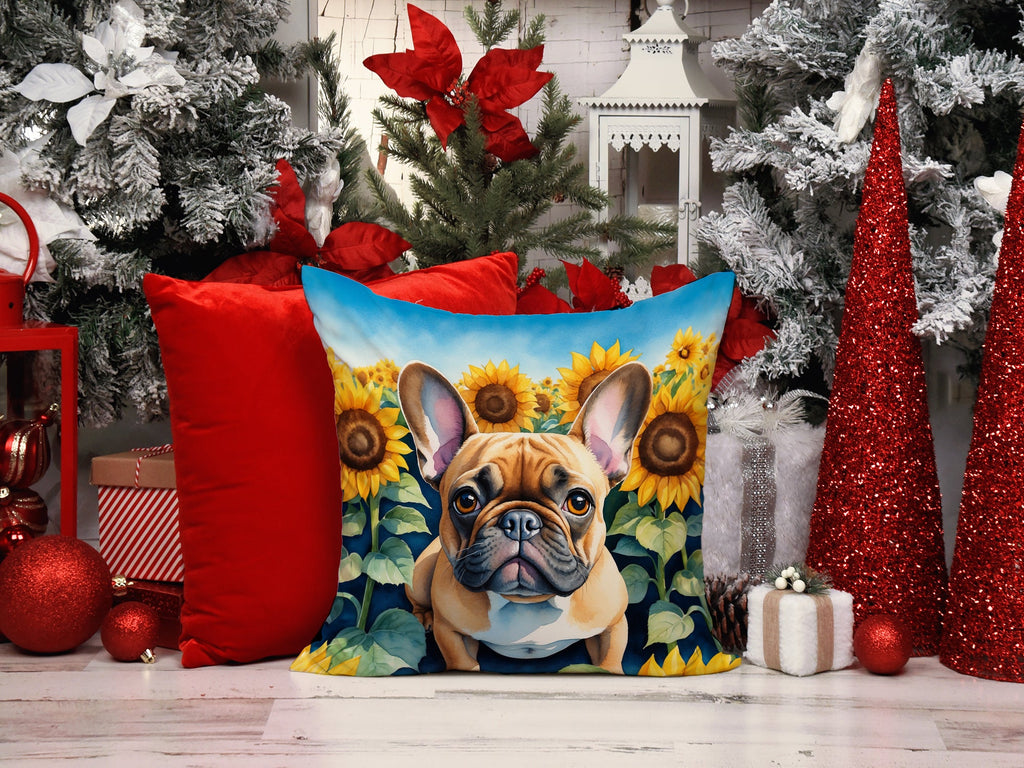 French Bulldog in Sunflowers Decorative Throw Pillow 14x14 Indoor Outdoor Accent Cushion, Fabric Cover with Insert for Sofa, Bed, Porch & Living Room