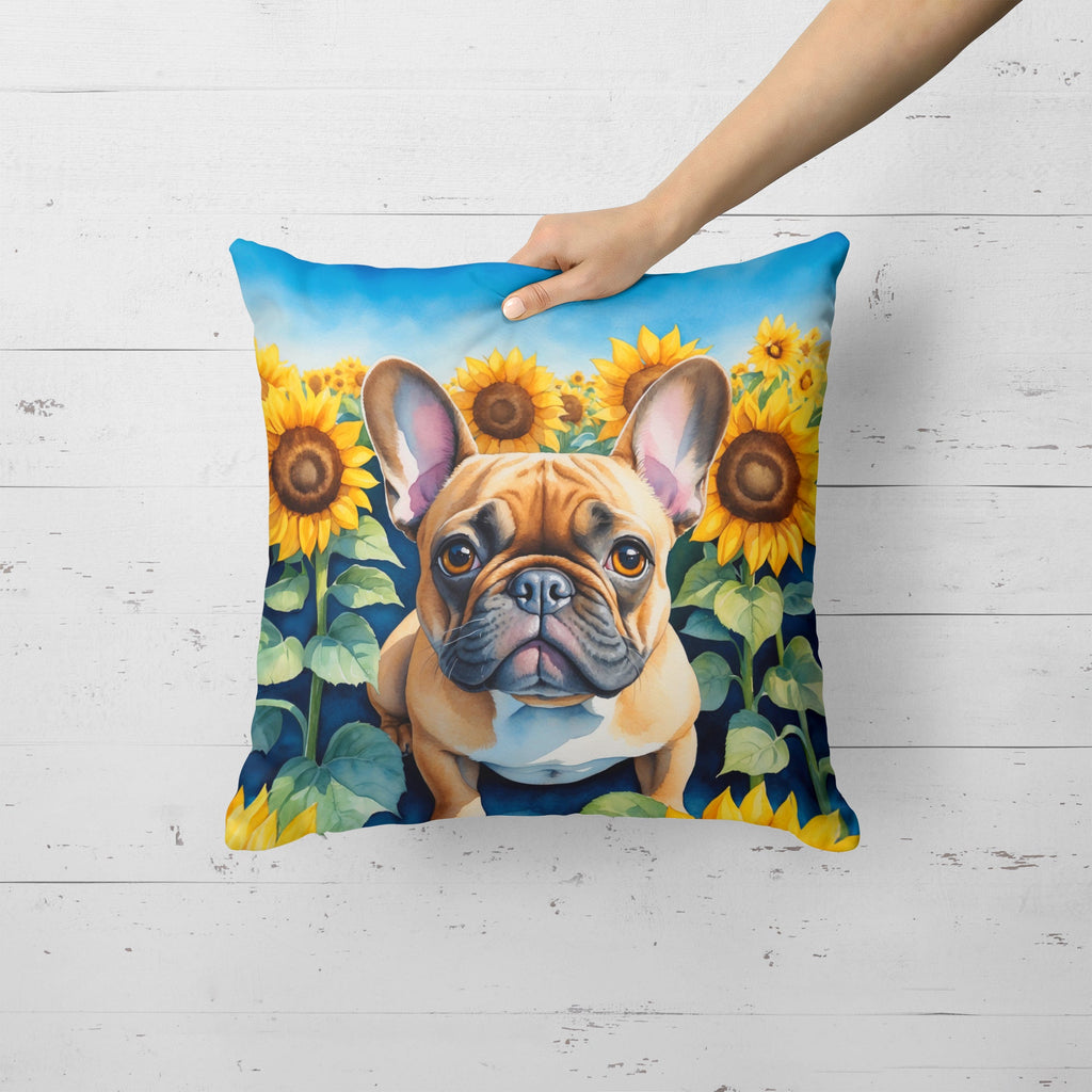 French Bulldog in Sunflowers Decorative Throw Pillow 18x18 Indoor Outdoor Accent Cushion, Fabric Cover with Insert for Sofa, Bed, Porch & Living Room