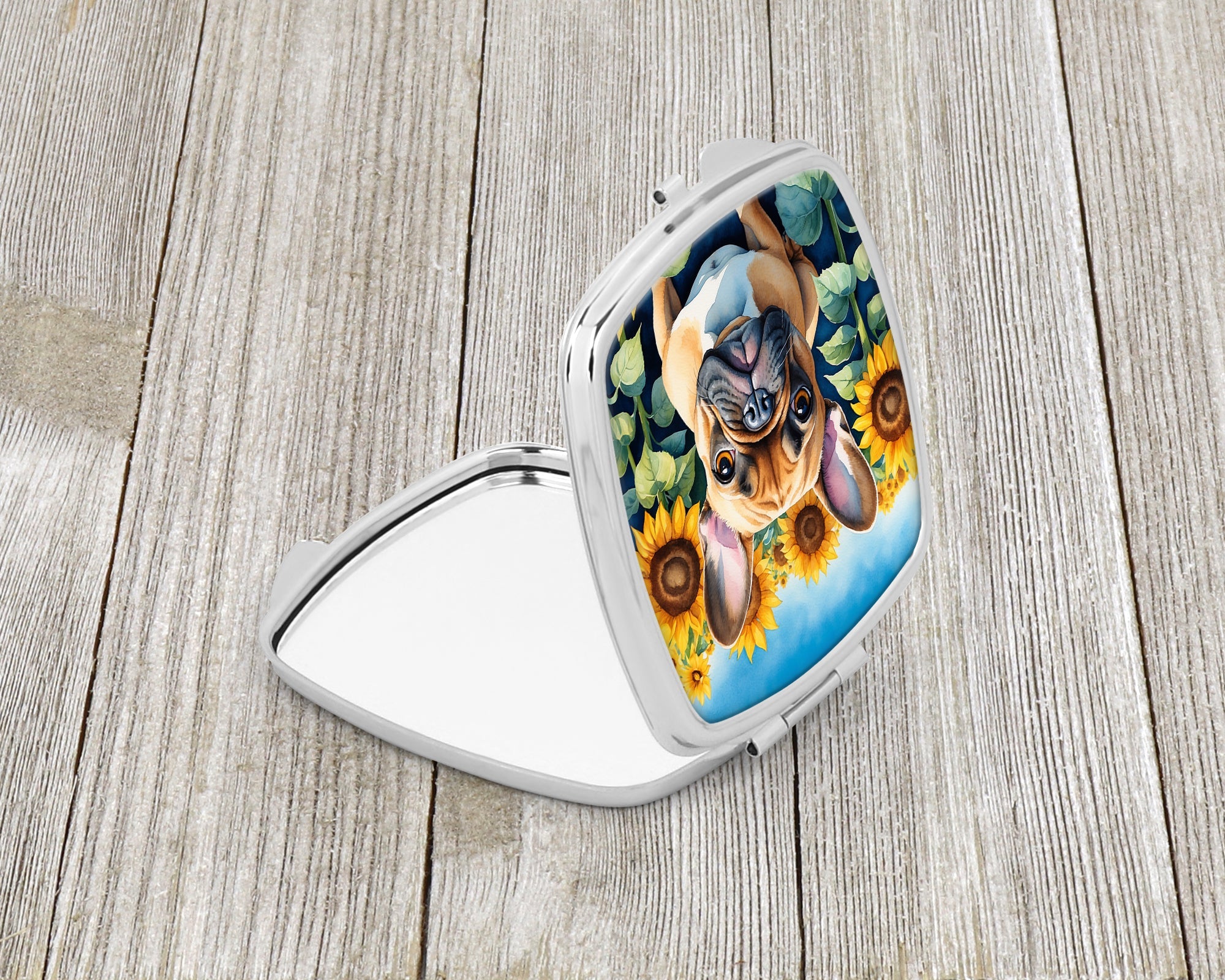 French Bulldog in Sunflowers Compact Mirror Decorative Travel Makeup Mirror for Women Girls Gifts Pocket Makeup Mirror Folding Handheld