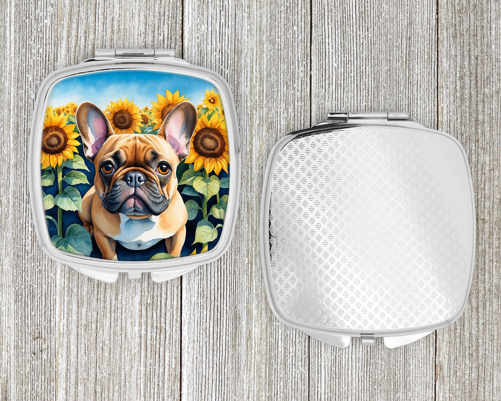 French Bulldog in Sunflowers Compact Mirror Decorative Travel Makeup Mirror for Women Girls Gifts Pocket Makeup Mirror Folding Handheld