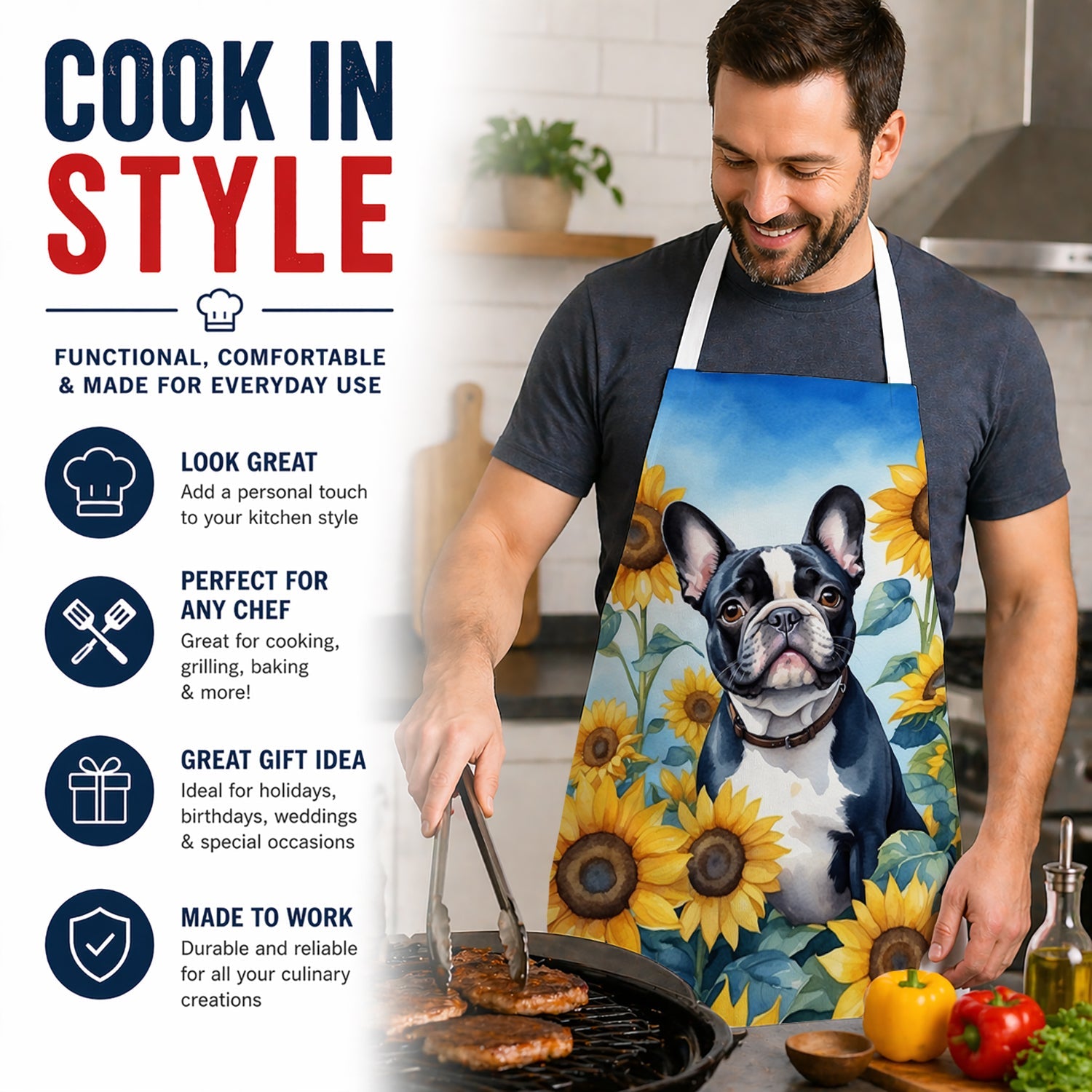 French Bulldog in Sunflowers Apron Cooking Kitchen Server Baking Crafts Gardening for Adult Women Men, Unisex, Large, Multicolor