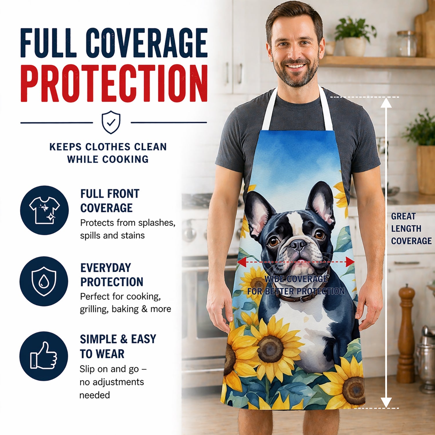 French Bulldog in Sunflowers Apron Cooking Kitchen Server Baking Crafts Gardening for Adult Women Men, Unisex, Large, Multicolor