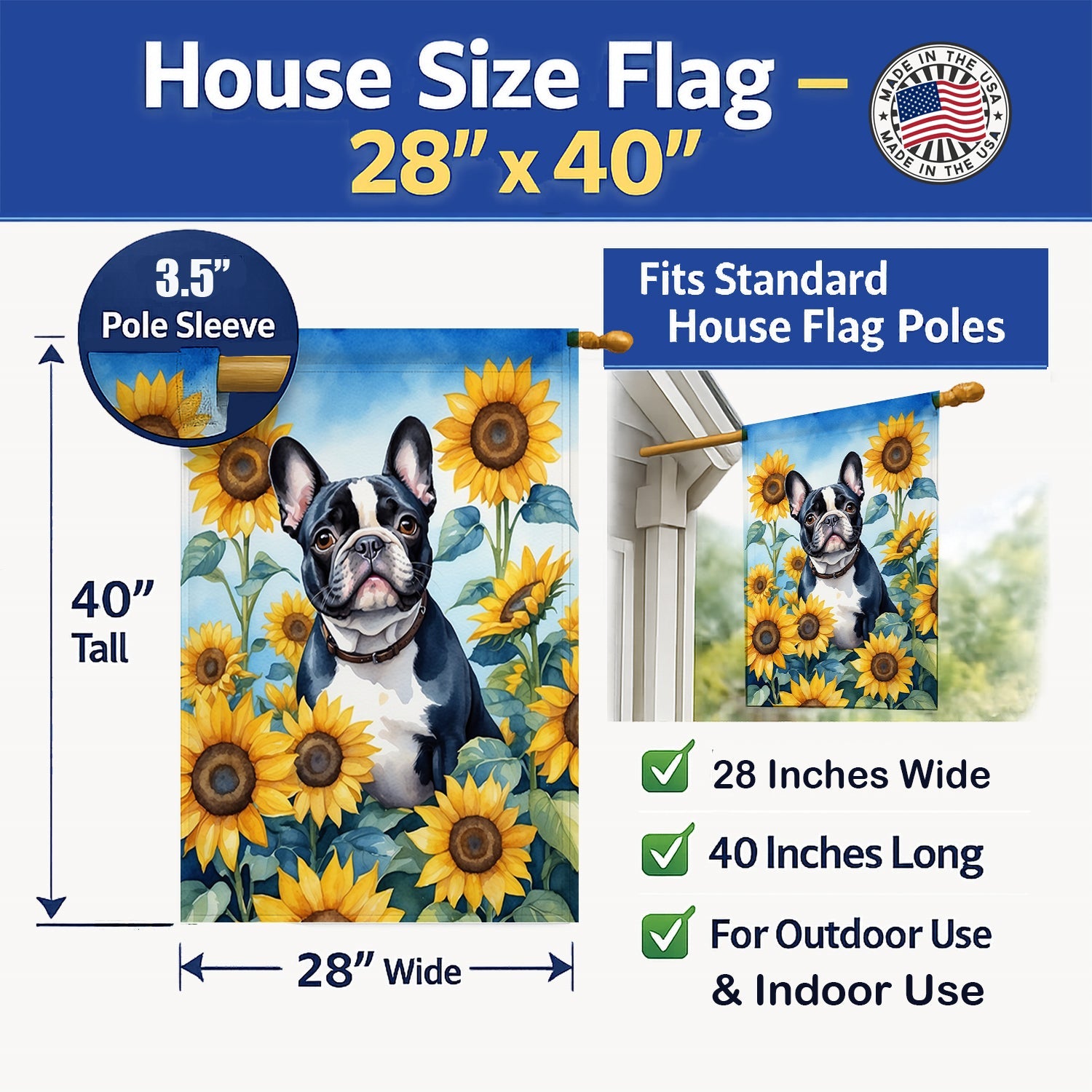 French Bulldog in Sunflowers House Flag 28x40 Porch Sleeve Pole Decorative Outside Yard Banner Artwork Wall Hanging, Polyester