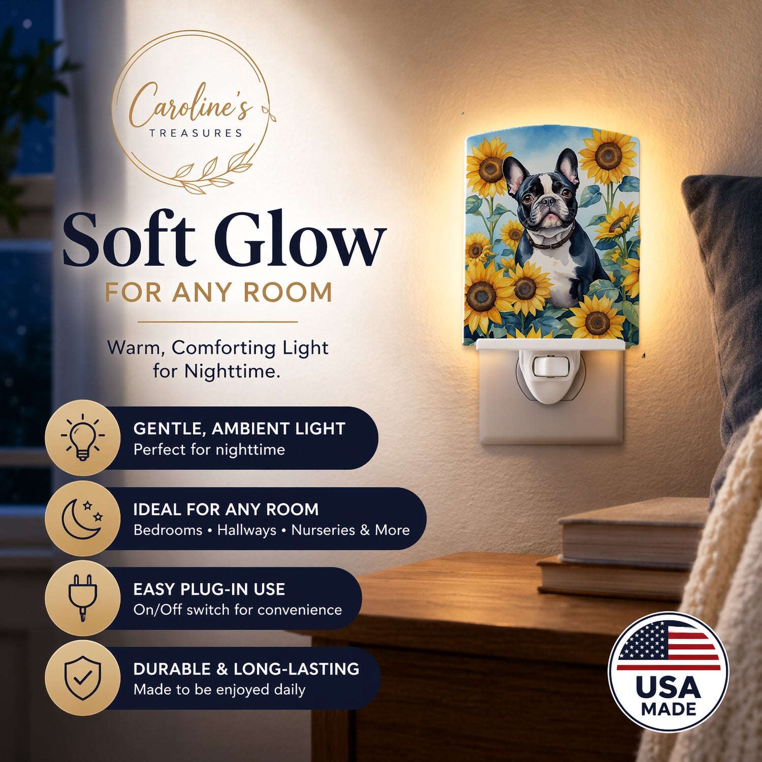 French Bulldog in Sunflowers Ceramic Night Light Compact, UL-Certified, Ideal for Bedroom, Bathroom, Nursery, Hallway, Kitchen, 6x4x3, Multicolor