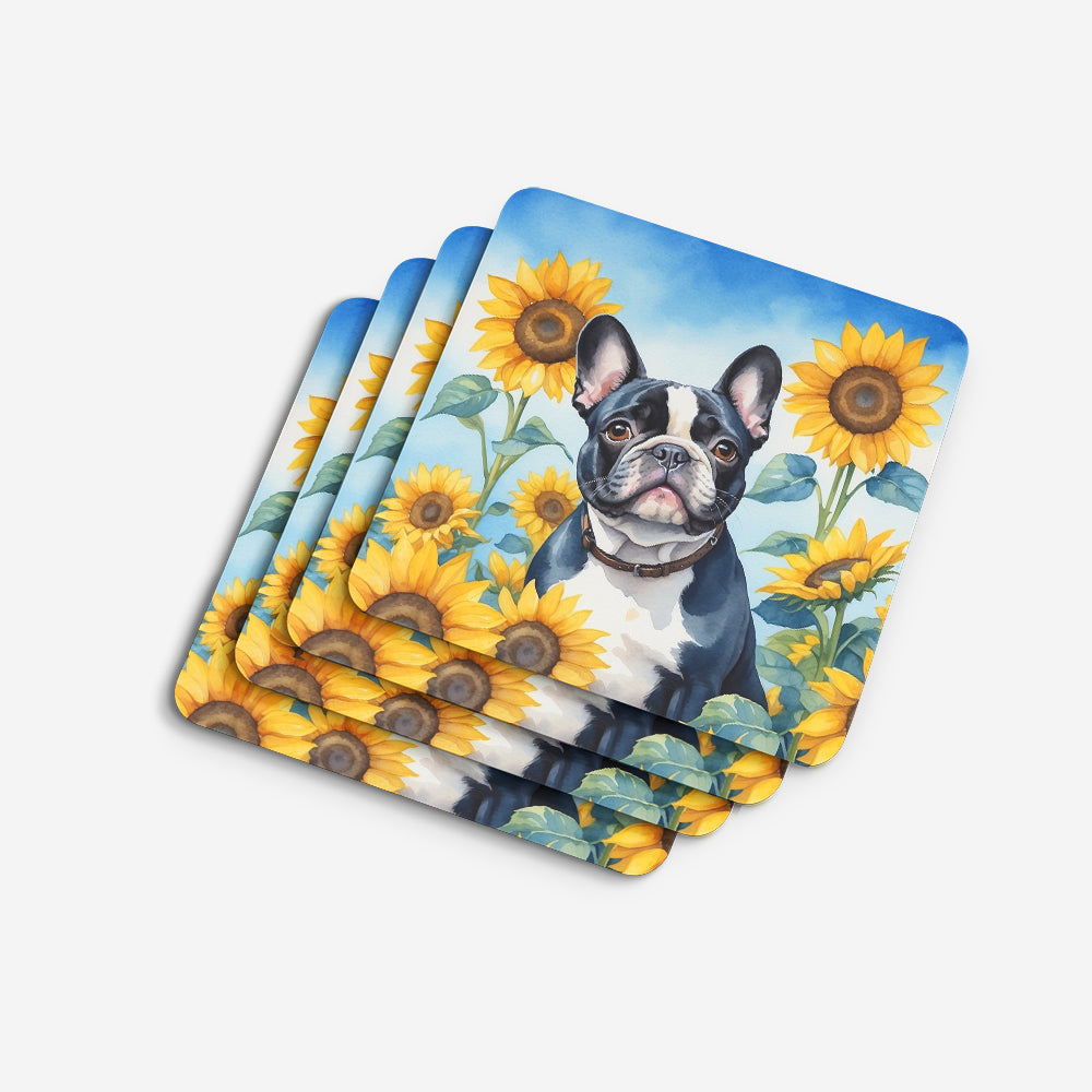 French Bulldog in Sunflowers Foam Coasters Set of 4 Cup Coasters for Indoor Outdoor, Tabletop Protection, Anti Slip, Mouse pad Material