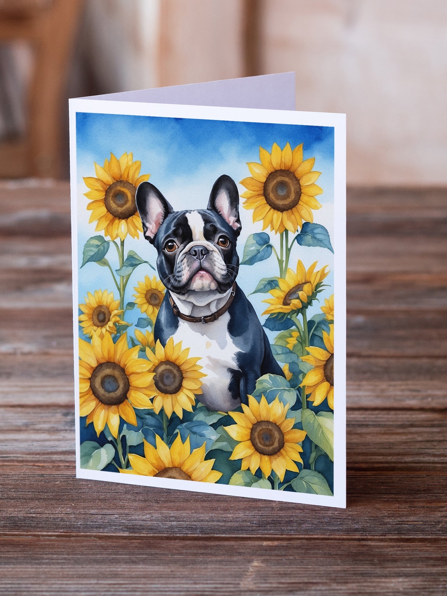 French Bulldog in Sunflowers Greeting Cards Pack of 8 Blank Cards with Envelopes Whimsical A7 Size 5x7