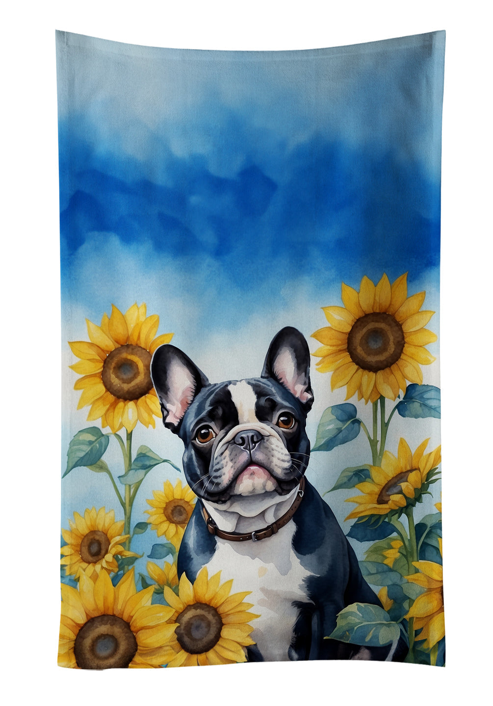 French Bulldog in Sunflowers Kitchen Towel Velour Plush Front and Cotton Loop Back Machine Washable