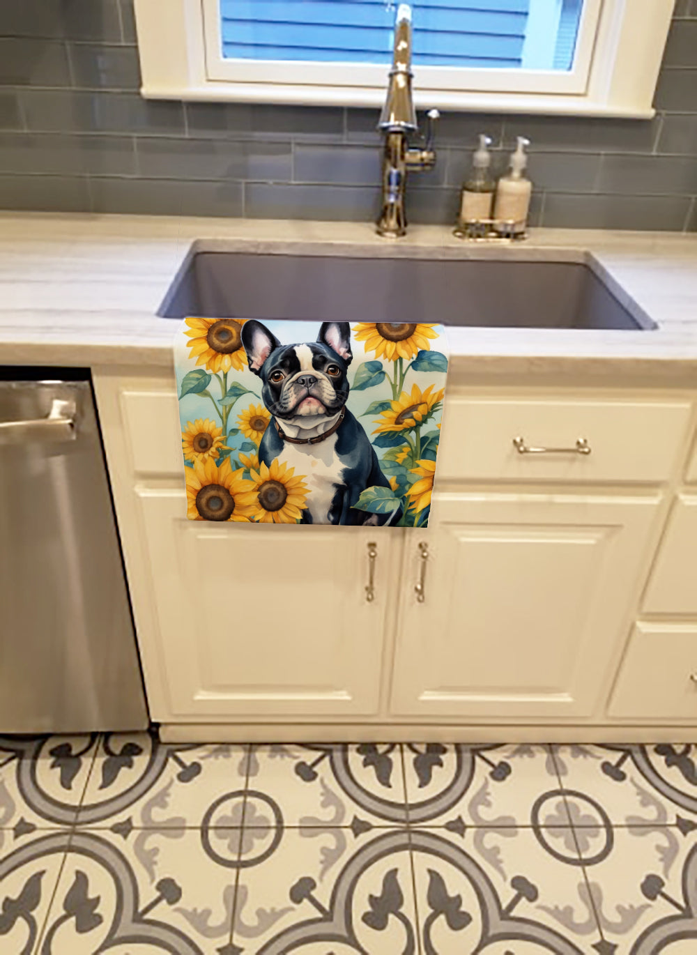 French Bulldog in Sunflowers Kitchen Towel Velour Plush Front and Cotton Loop Back Machine Washable
