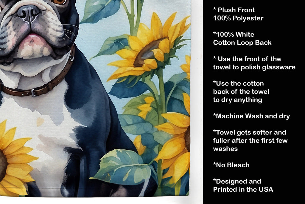 French Bulldog in Sunflowers Kitchen Towel Velour Plush Front and Cotton Loop Back Machine Washable